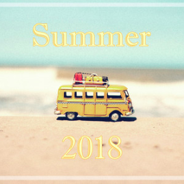 Summer 2018 playlist cover (toy yellow bus on beach)